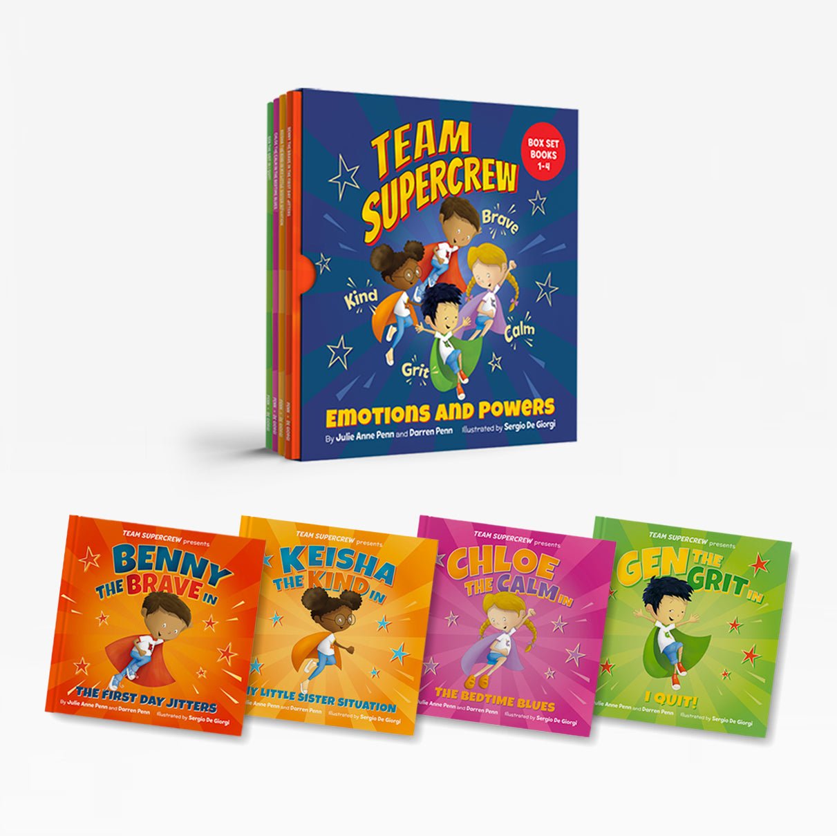 Set of four children's books in a slipcase titled 'Team Supercrew' on a white background