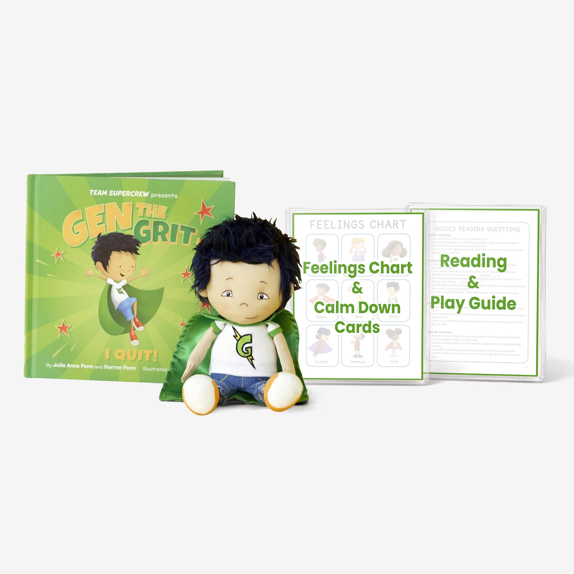 Children's book, plush toy, feelings chart, and calm down cards on a white background