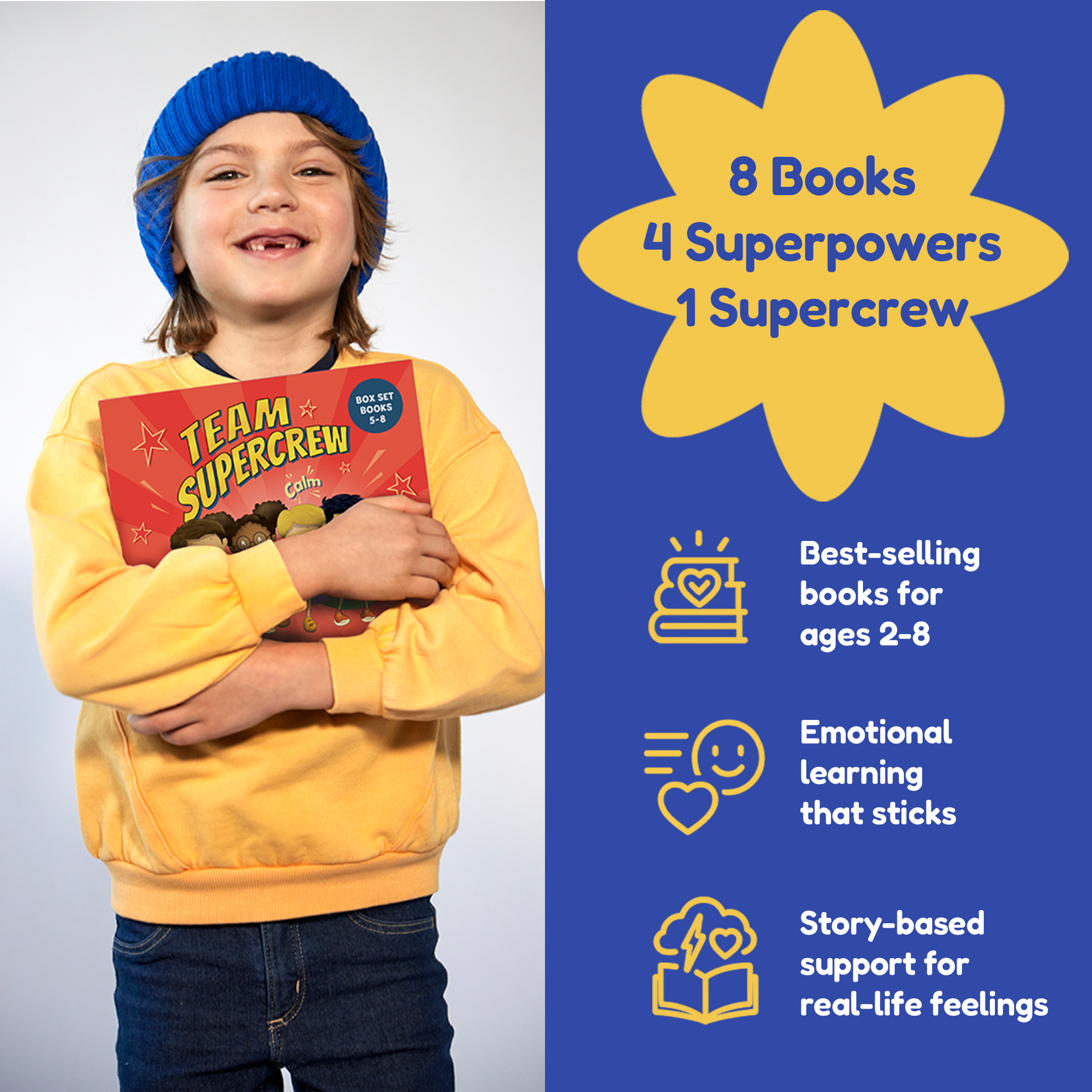 Child holding a book titled 'Team Supercrew' with promotional text about books and superpowers on a blue background.